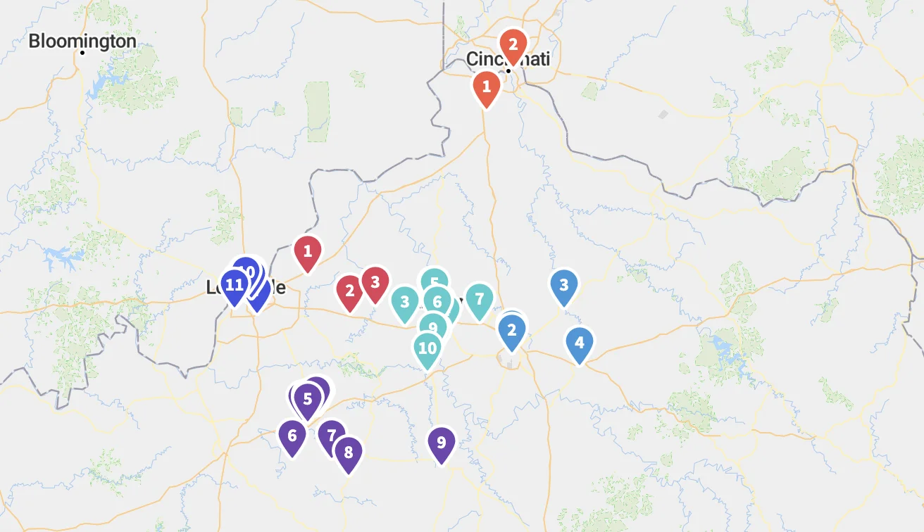 Kentucky bourbon Trail map showing scattered distillery locations